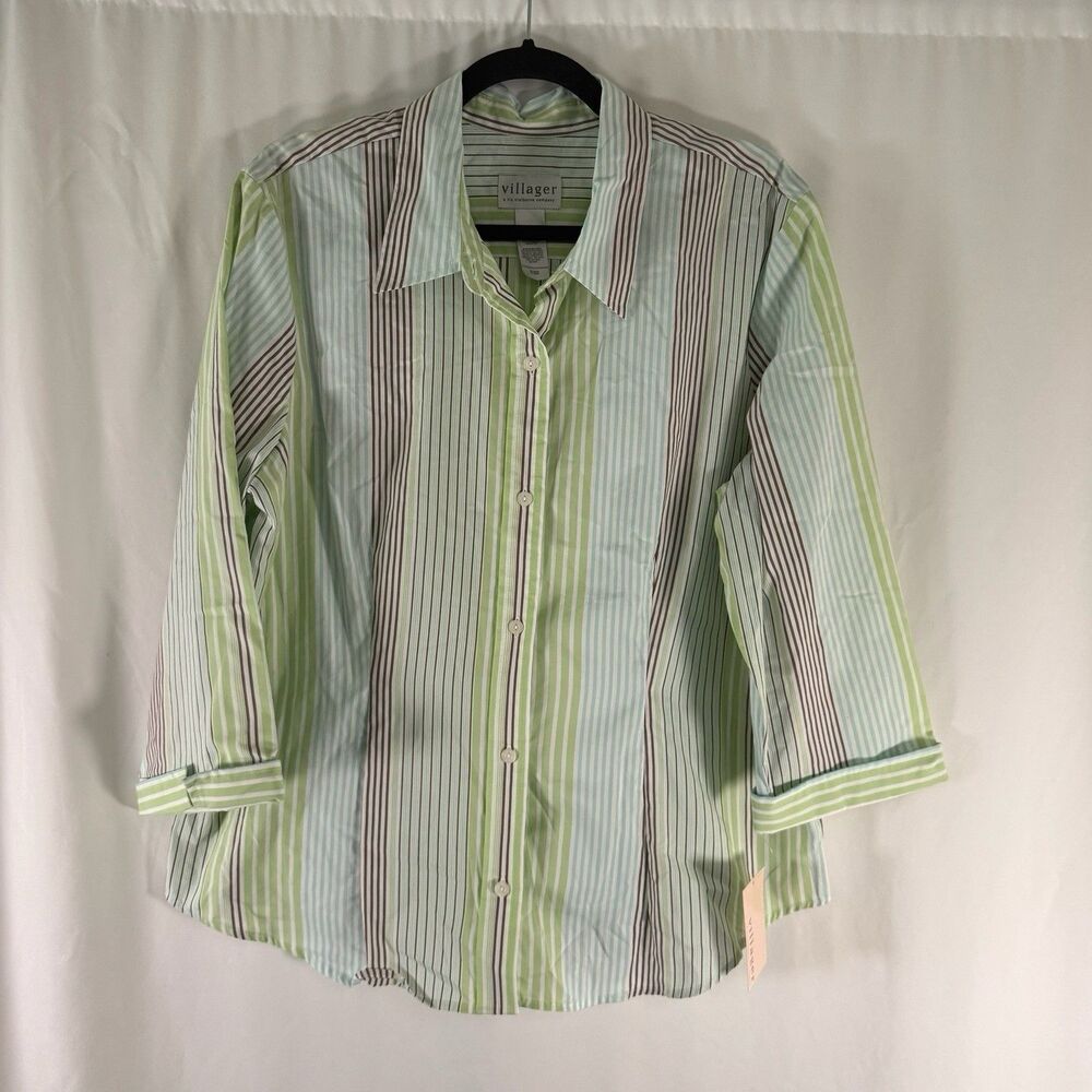 New Villager Liz Claiborne Dress Shirt Women's 18 Green Blue Striped 3/4 Sleeve